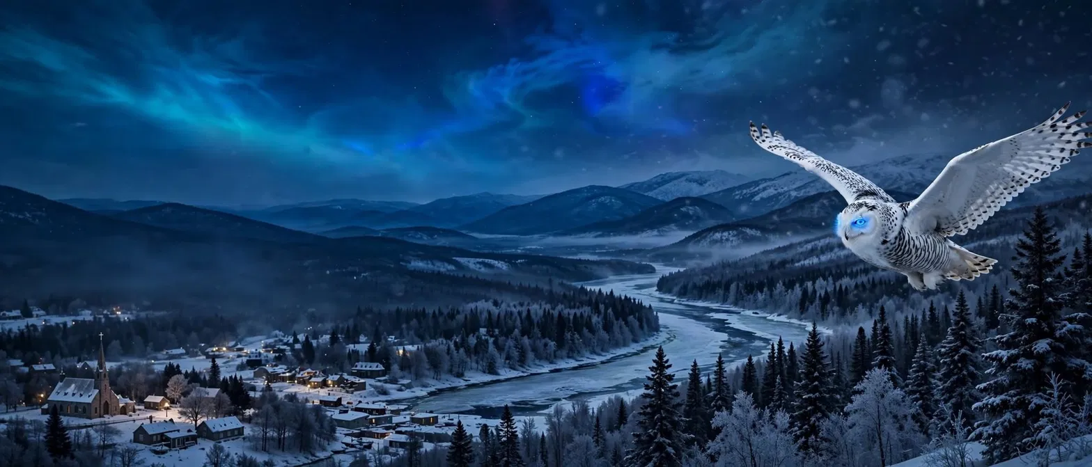 Harfang des neiges aux yeux bleus survolant un village québécois l'hiver sous les aurores boréales